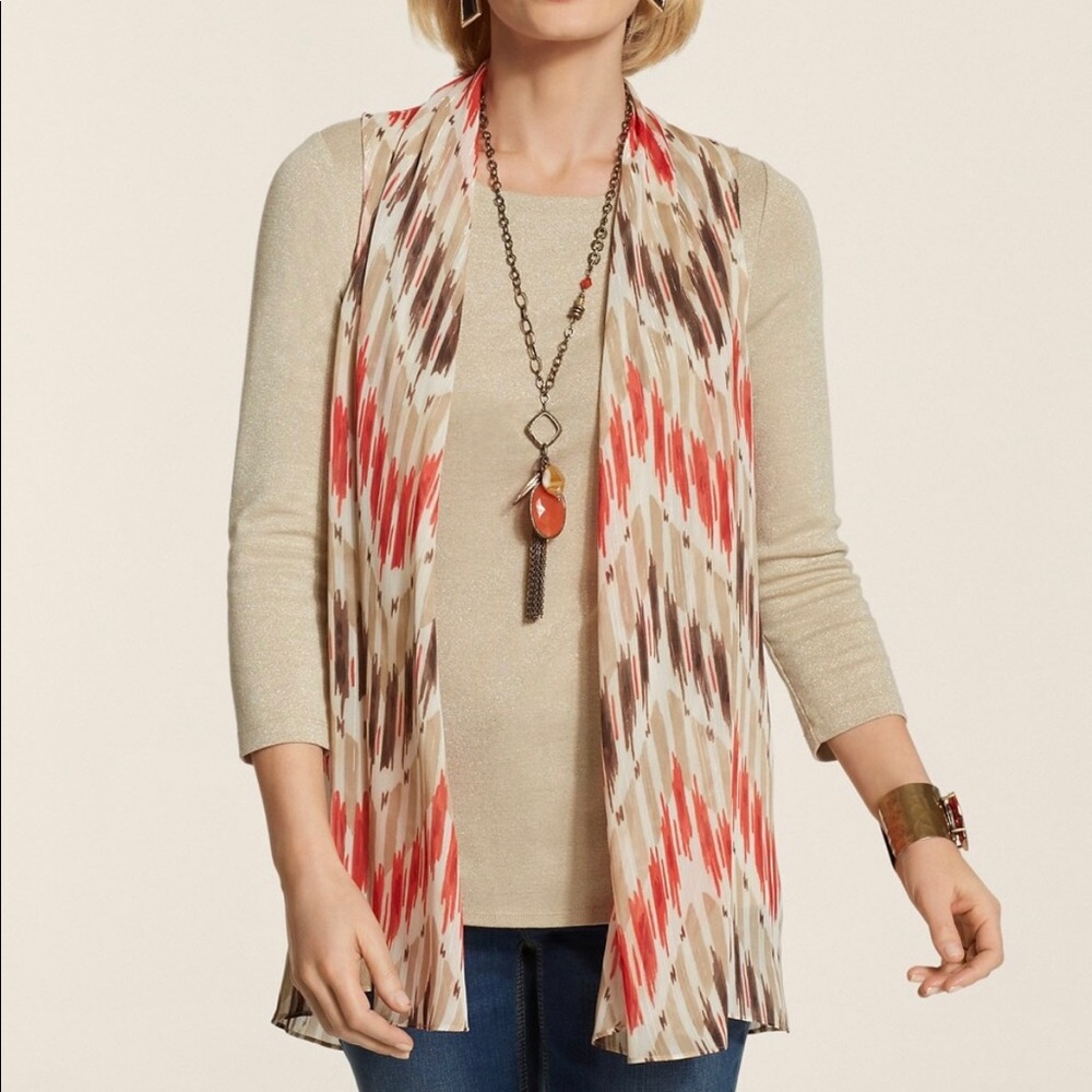 NWT Chico’s sheer vest ikat pattern red, tan & brown